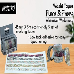 BRUSTRO Flora n Fauna Washi Tapes 15mm x 5m - Pack of 5